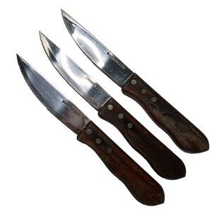 Oversized Large Wooden Handle Stainless Steel Steak Knives Set of 3 Serrated